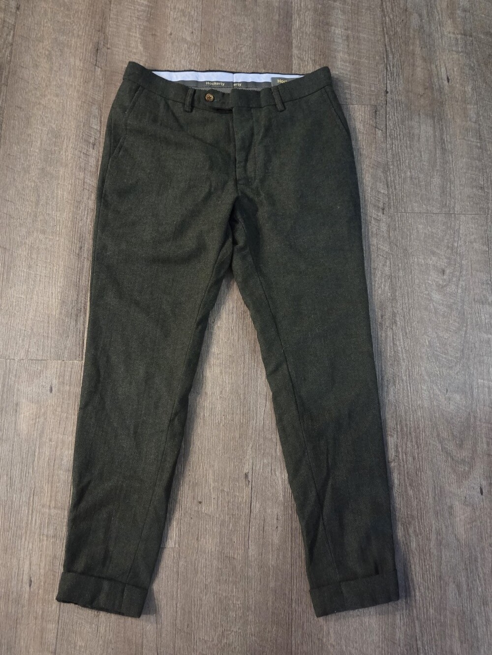Hockerty Custom Tailored Men's Green Wool Tweed Trousers Slim Fit 30 x 28 Cuffed